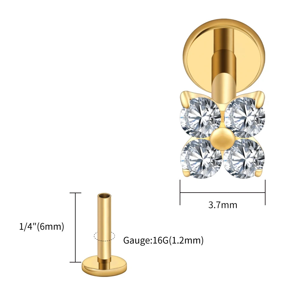Gold-colored flower-shaped cartilage piercing stud with four clear gemstones, shown alongside a separate 16G 1.2mm straight post gauge with dimension markings on a white background.