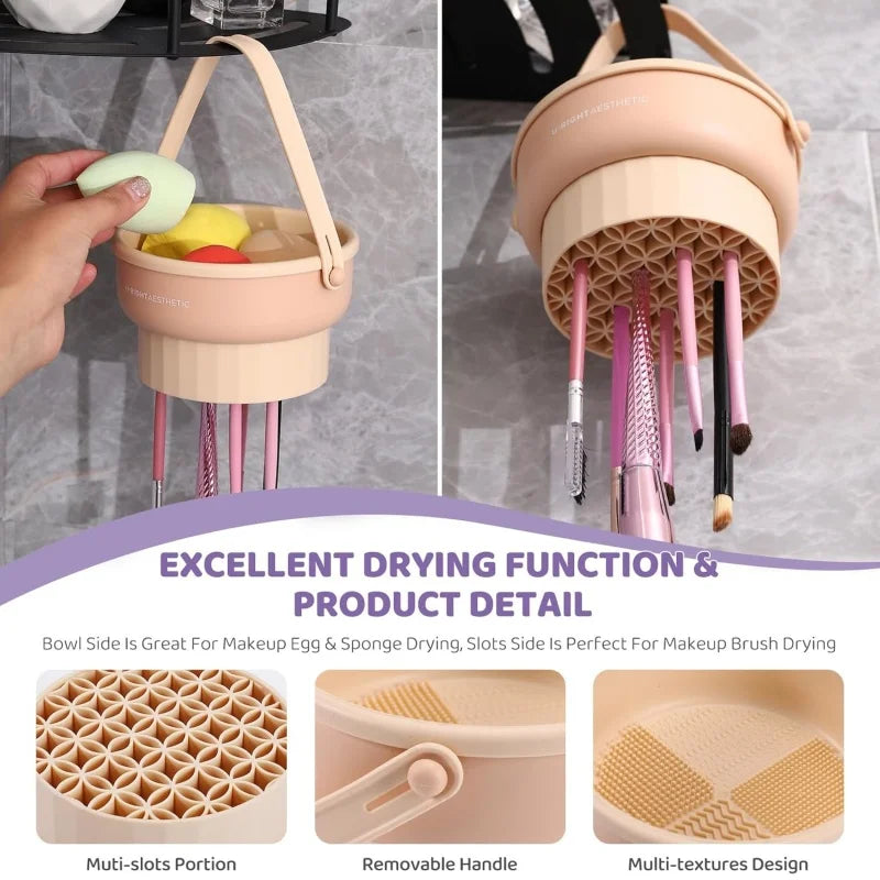 Makeup brush holder with drying function on a gray surface