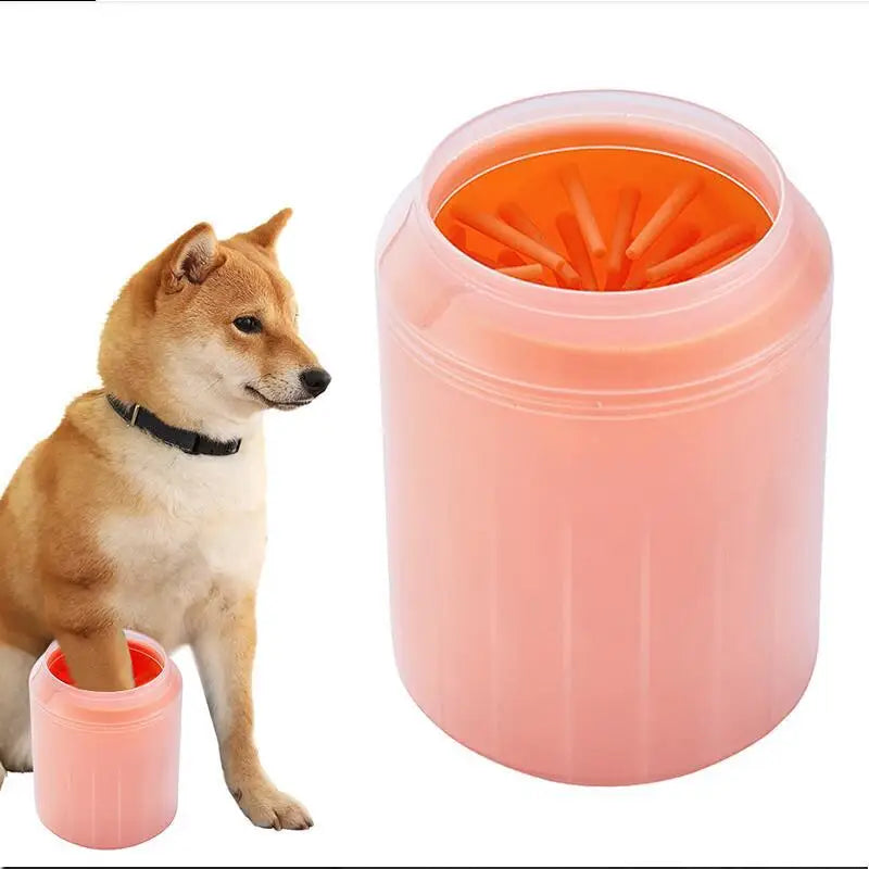 Dog next to a pink container with orange contents on a white background