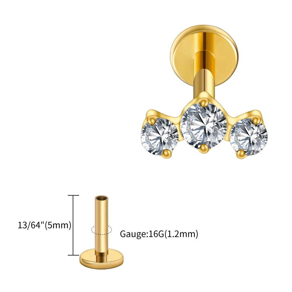 LuxeCartilage™ Triple-Stone Flat Back Stud | 16G Titanium