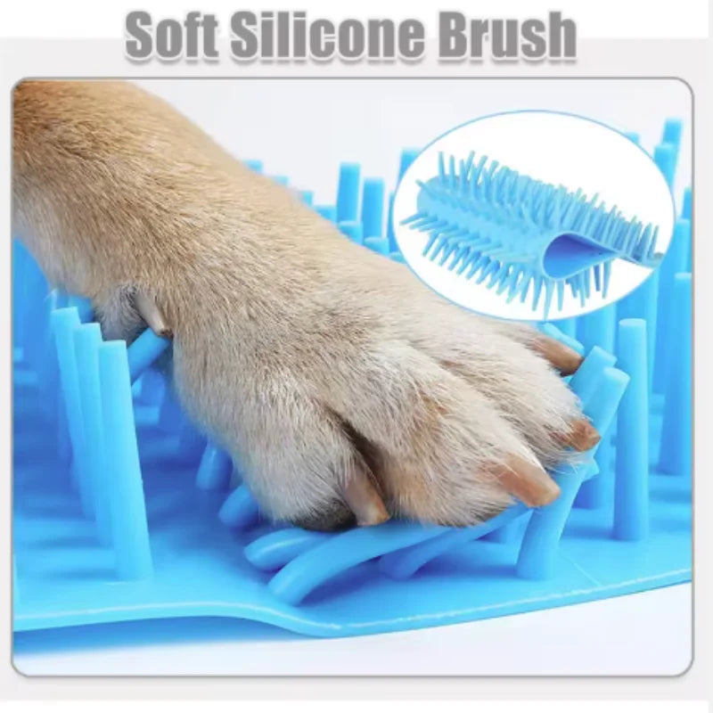 Pet paw cleaning brush with a close-up of the bristles and a dog paw being cleaned.