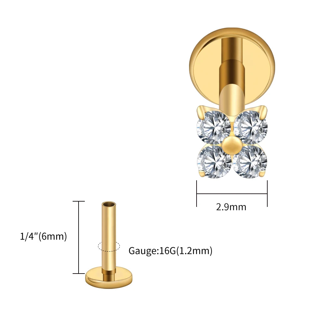 Gold-colored labret stud earring with four clear gemstones, shown alongside a separate gold post indicating dimensions: 1/4 inch (6mm) for the gauge and 2.9 mm for the earring head.
