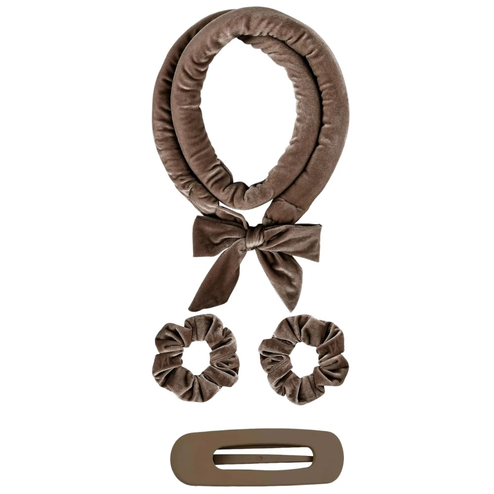 Brown velvet headband with matching scrunchies and clip on a white background