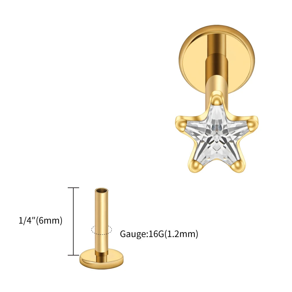 Gold earring with star design and measurement details on a white background