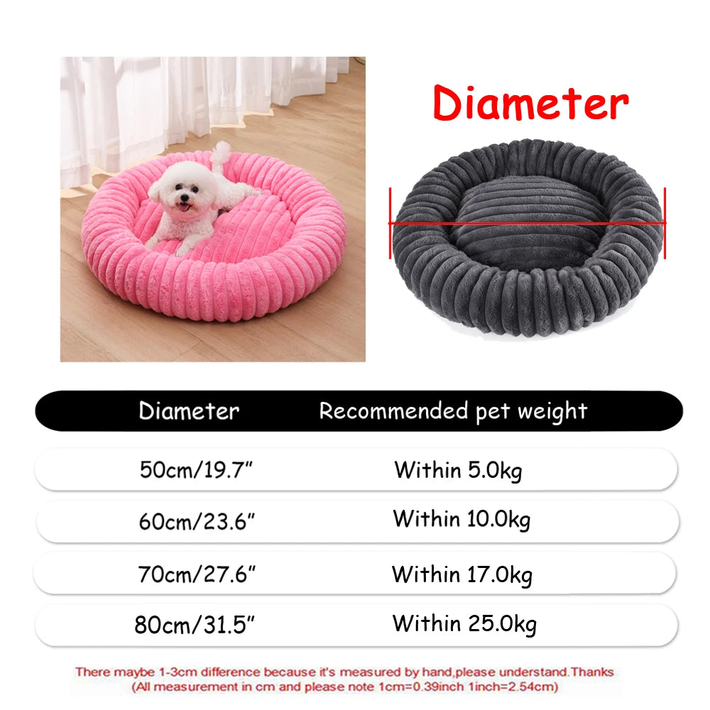 Pet bed with a dog inside, showing measurements and weight recommendations.