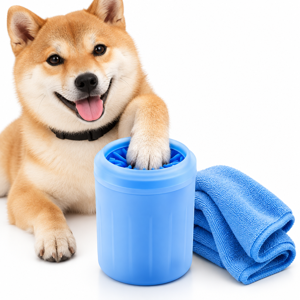 Dog with one paw inside a blue PawRinse paw cleaner