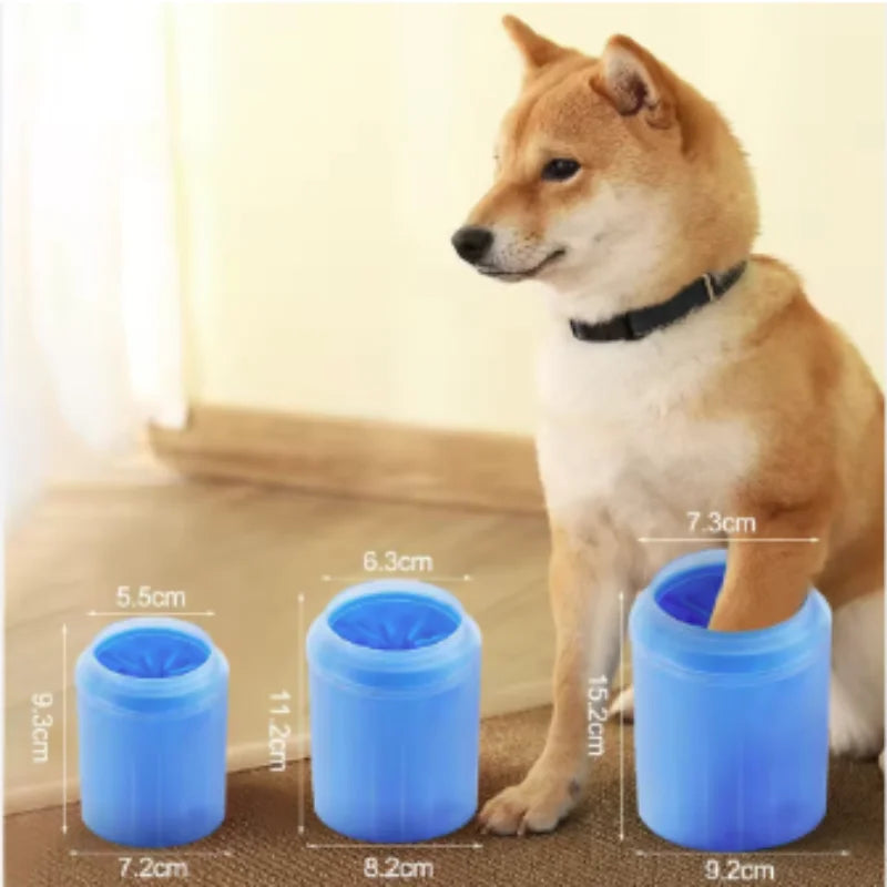 Three blue PawRinse paw cleaner sizes shown with measurement labels.