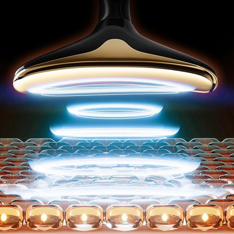 Close-up of a shower head with water flow simulation on a dark background