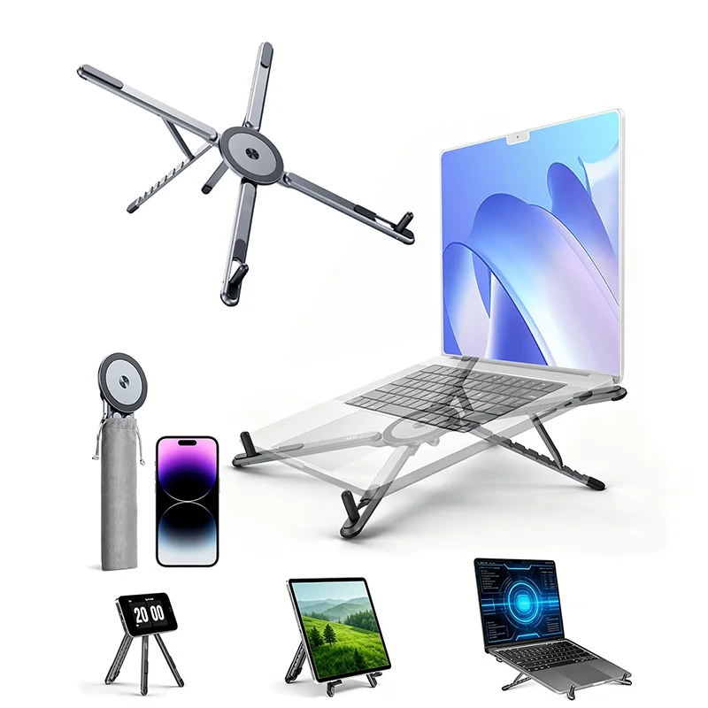 A silver aluminum laptop stand shown in multiple configurations, including as a laptop riser under an open laptop, with a phone, tablet, and small tripod stand displayed around it on a clean white background.