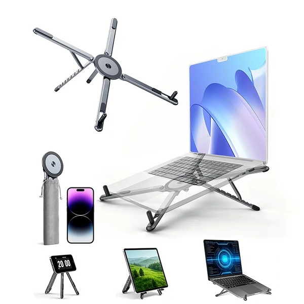 A silver aluminum laptop stand shown in multiple configurations, including as a laptop riser under an open laptop, with a phone, tablet, and small tripod stand displayed around it on a clean white background.