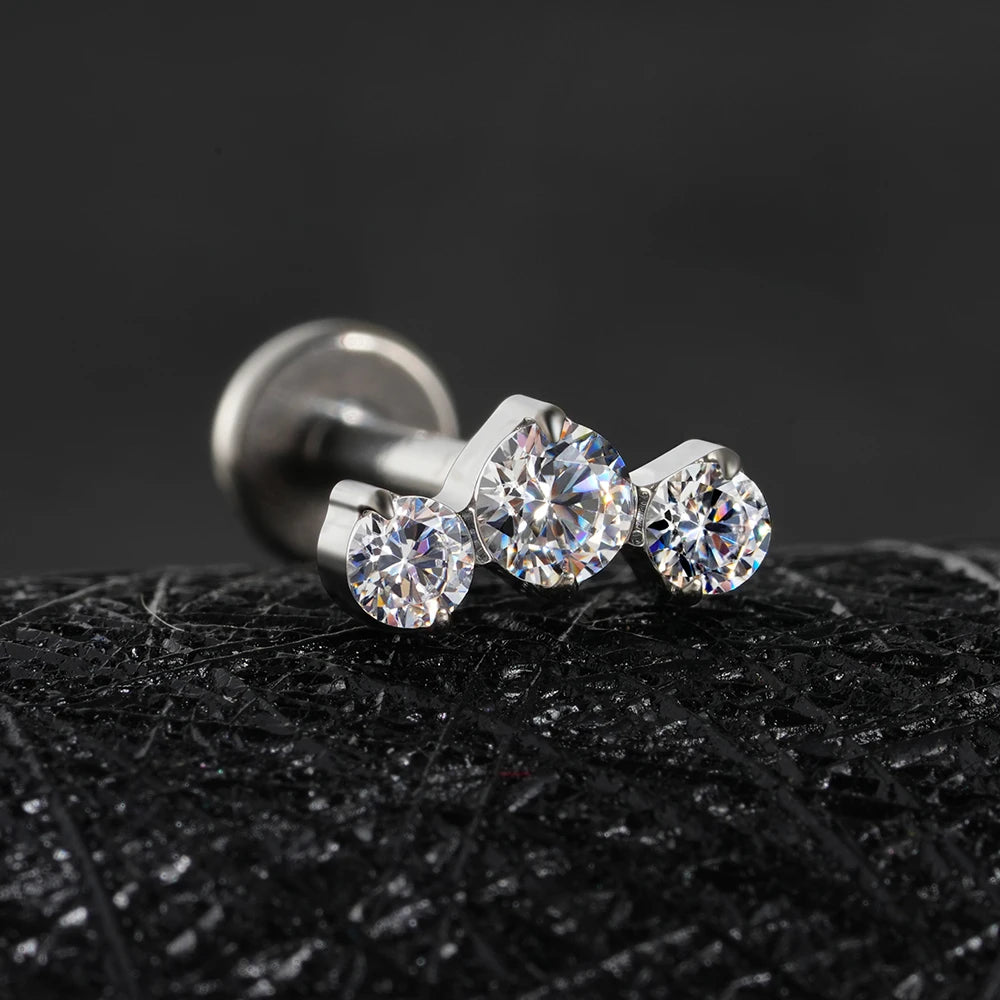 LuxeCartilage™ Triple-Stone Flat Back Stud | 16G Titanium