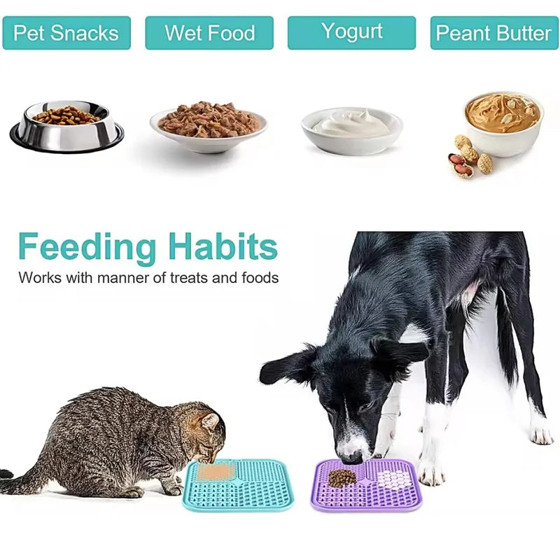 Feeding habits with pet snacks, wet food, yogurt, and peanut butter displayed on a white background.