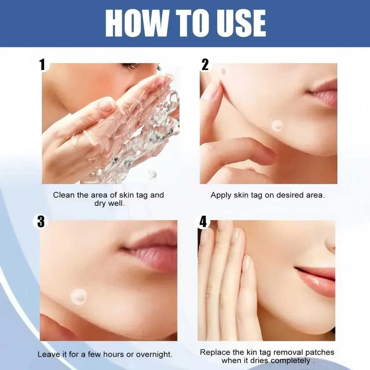 Step-by-step guide on how to use skin tag removal patches with images of hands and face.
