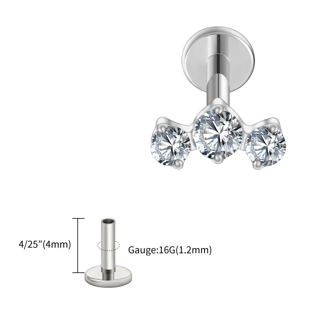 LuxeCartilage™ Triple-Stone Flat Back Stud | 16G Titanium