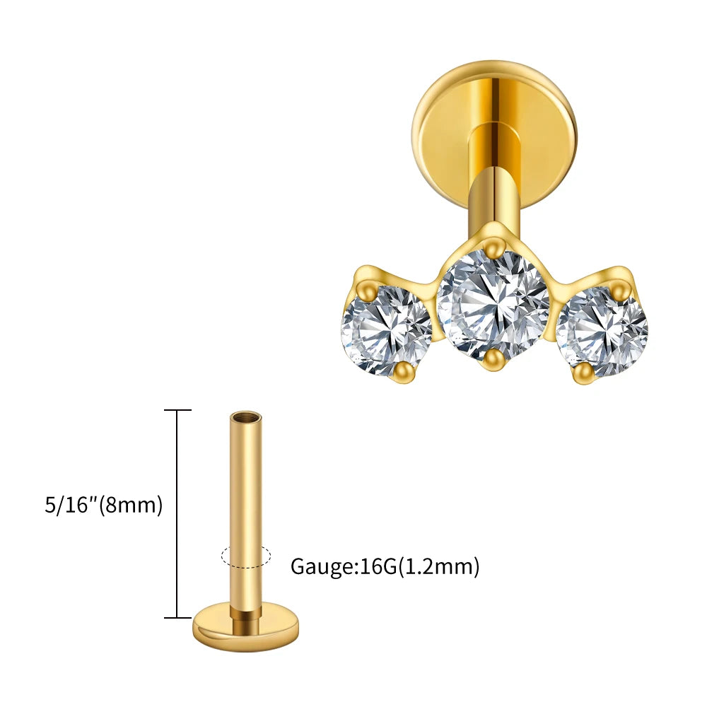 LuxeCartilage™ Triple-Stone Flat Back Stud | 16G Titanium
