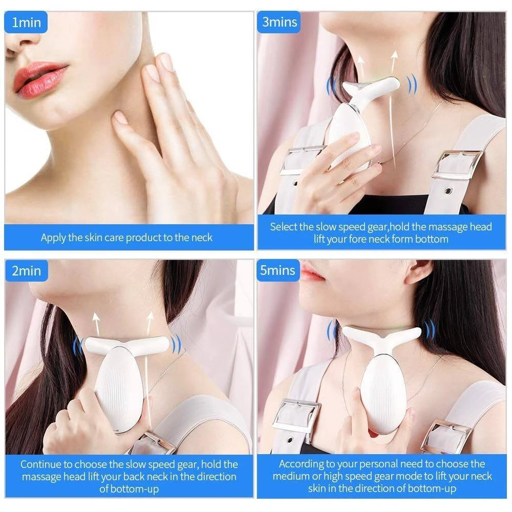 Step-by-step guide on using a neck massager with text instructions.