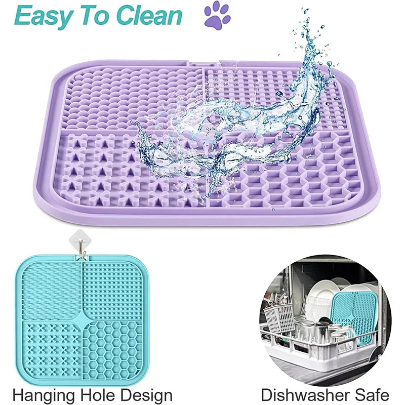Purple and blue silicone mats with water splashes and text indicating ease of cleaning, hanging hole design, and dishwasher safety.