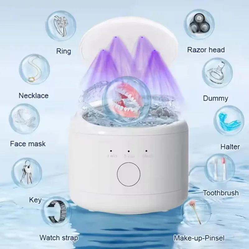 White electronic device with a transparent container holding dental tools, surrounded by icons of various items.