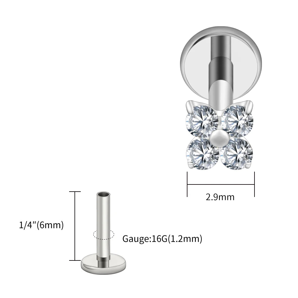 Silver-toned flat-back labret stud earring with four clear gemstones, shown with dimension callouts and gauge information on a white background.
