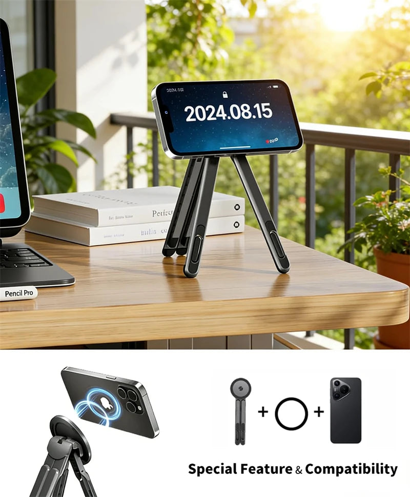 Phone stand on a desk with digital display, laptop, and books in the background.