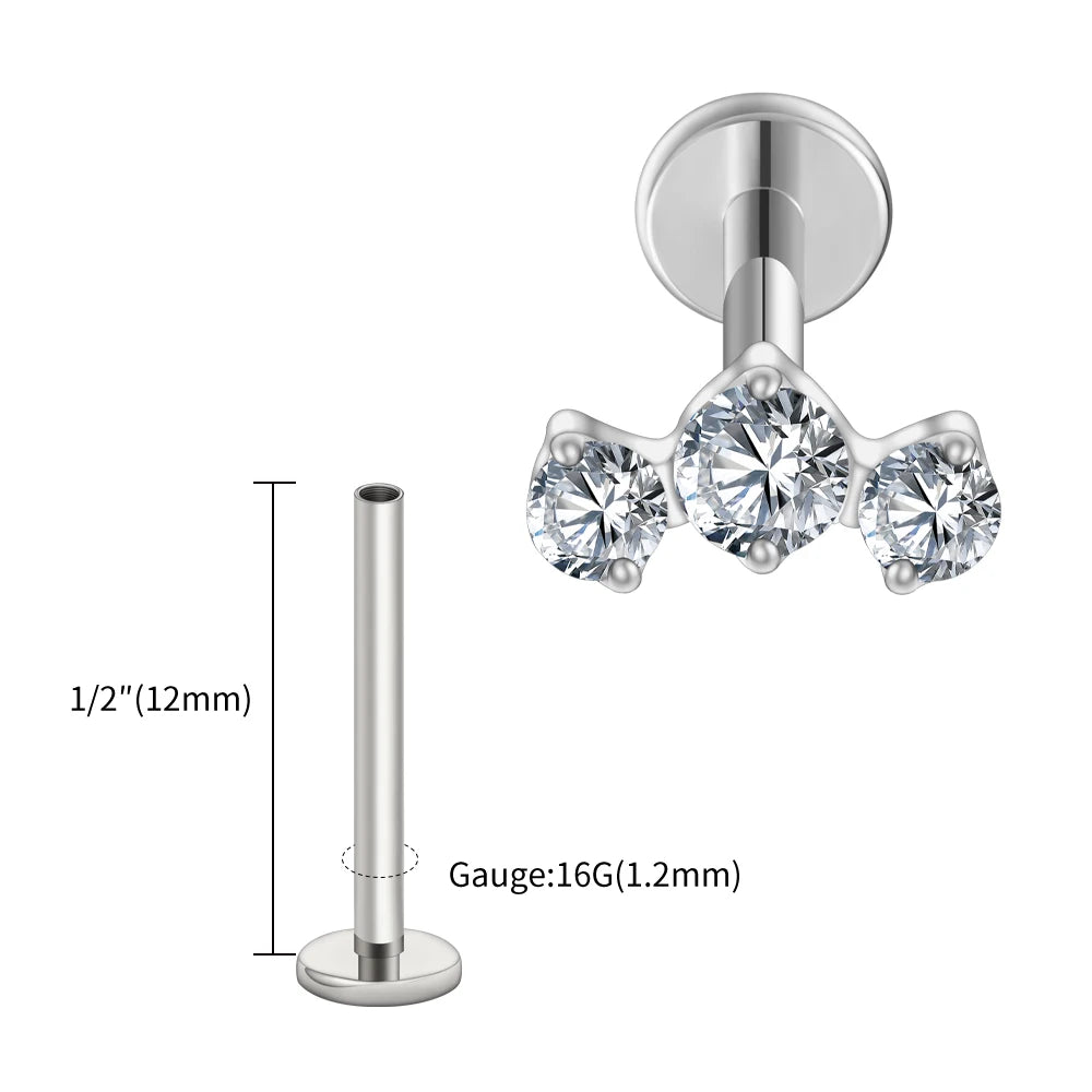 LuxeCartilage™ Triple-Stone Flat Back Stud | 16G Titanium