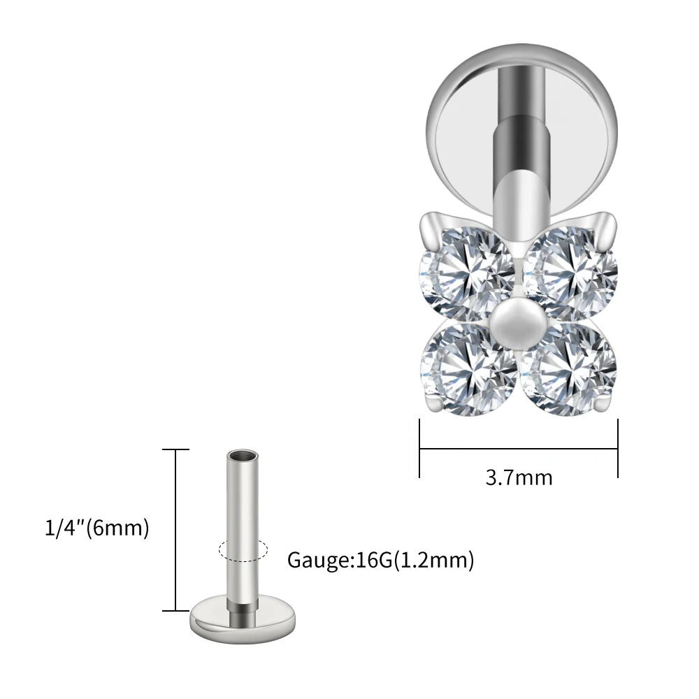 Silver-toned butterfly-shaped labret piercing stud with four clear gemstones, shown with dimension labels (3.7mm width and 13/64 inch gauge) and a separate gauge view on a white background.