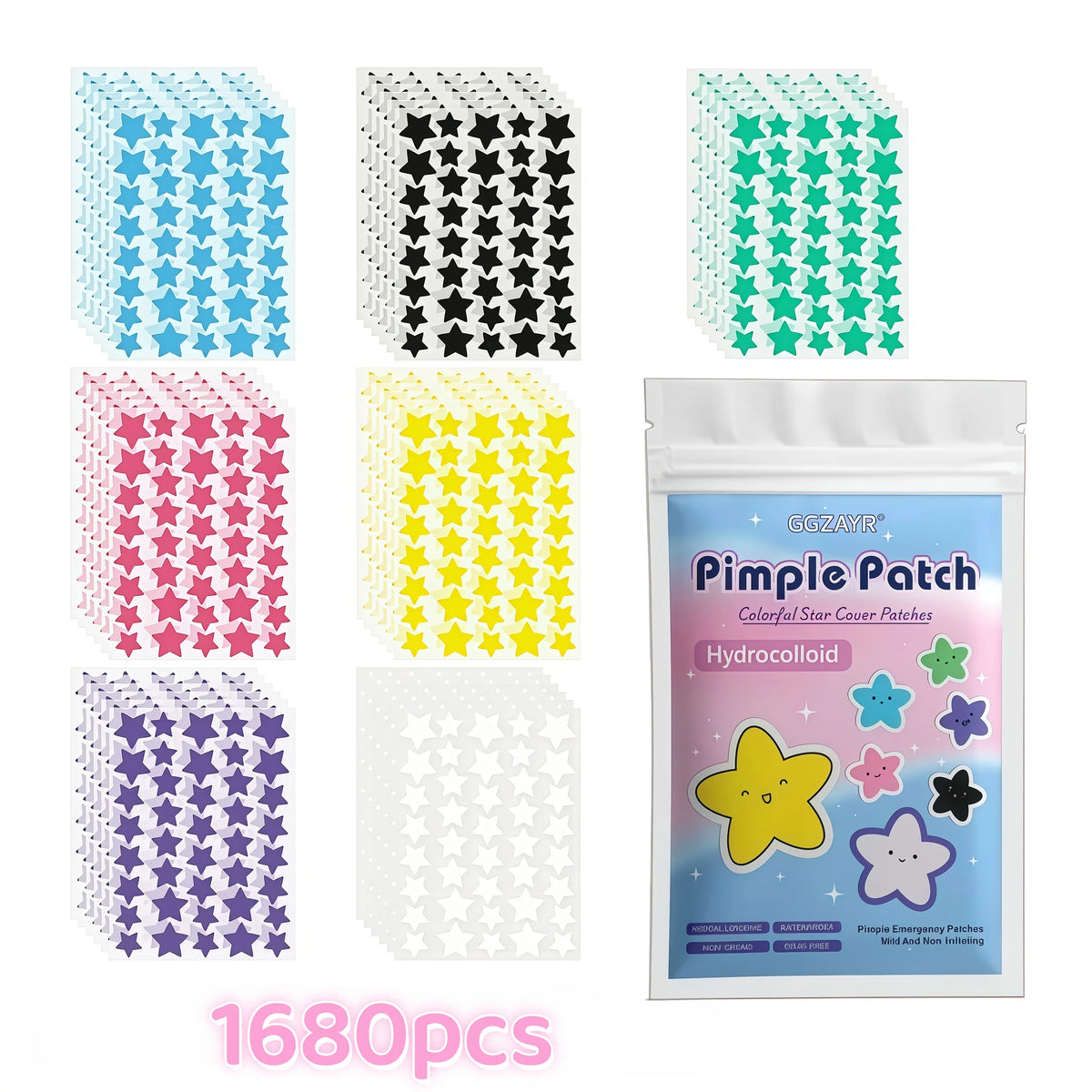 Colorful star-shaped pimple patches with packaging on a white background