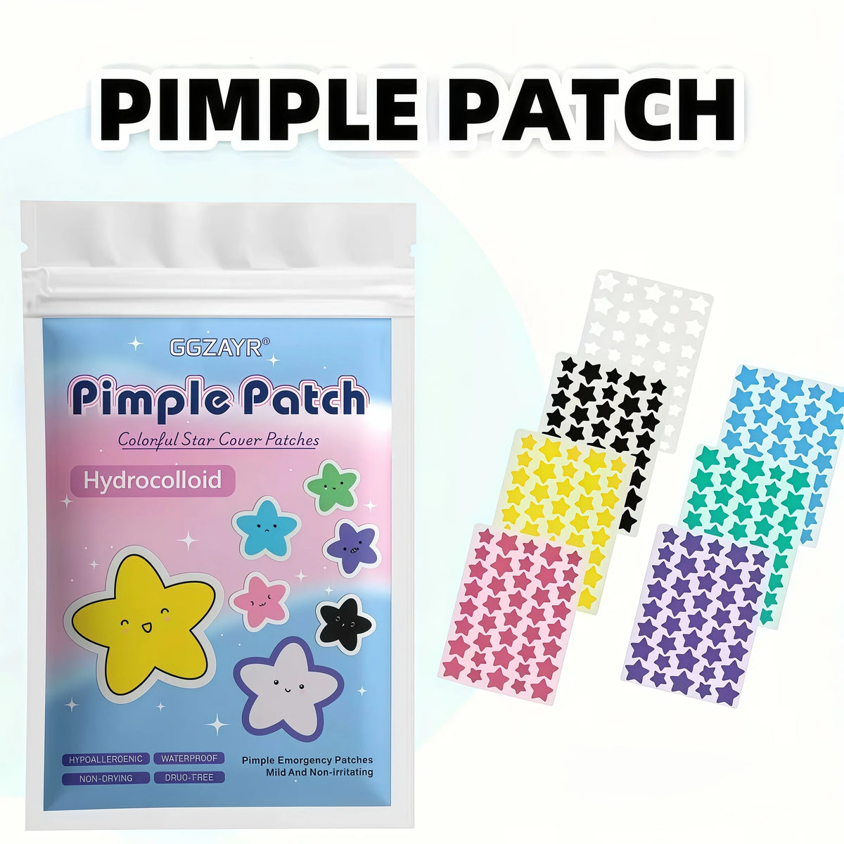 Pimple patch packaging with colorful star-shaped patches on a white background