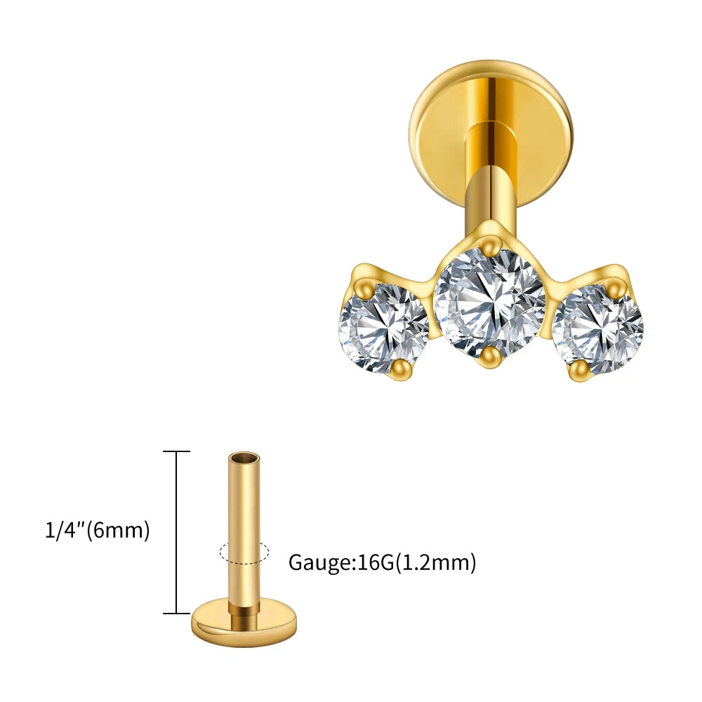 LuxeCartilage™ Triple-Stone Flat Back Stud | 16G Titanium