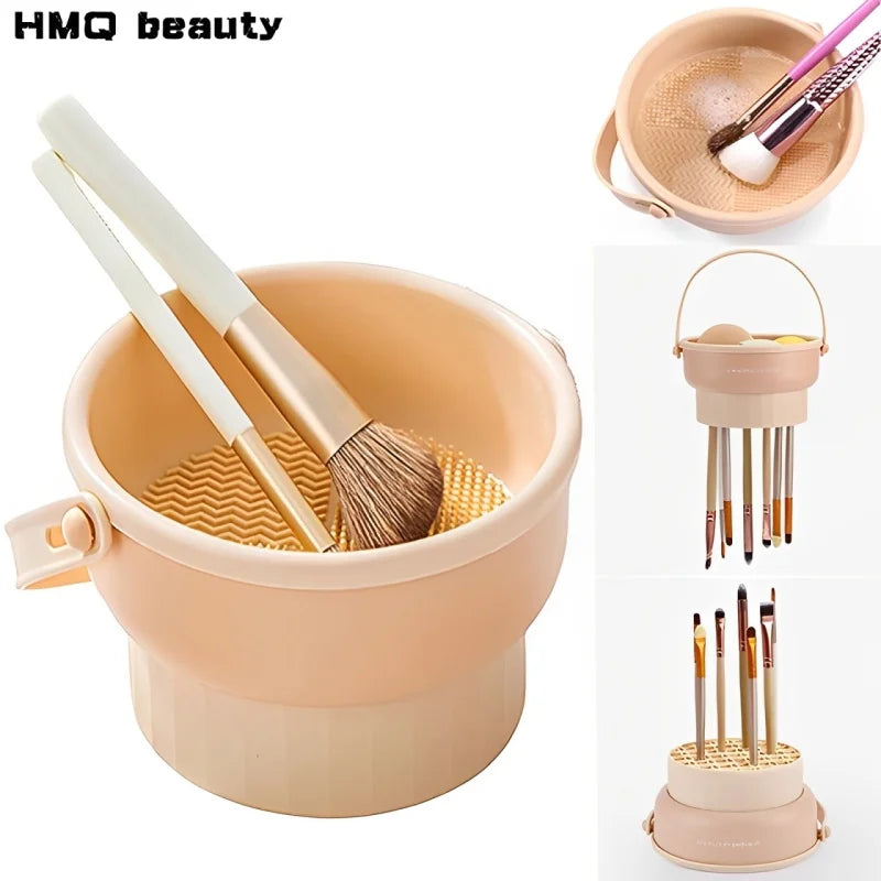 Cosmetic brush set with holder and cleaning brush, featuring HMQ beauty branding.