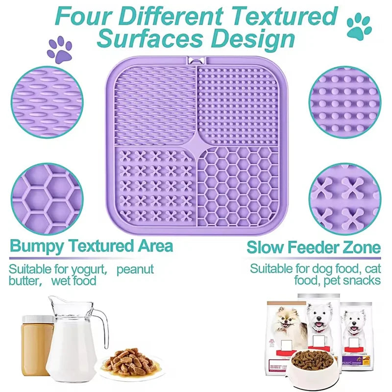 Purple pet mat with different textured areas and uses for pet food and treats.