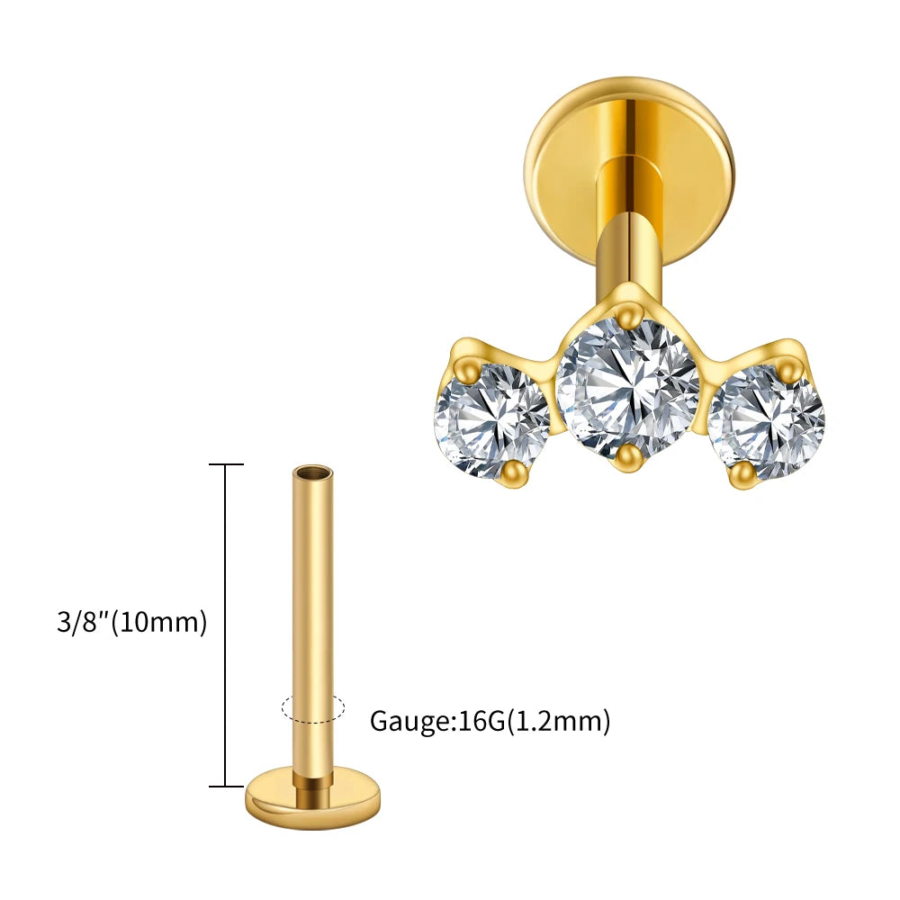 LuxeCartilage™ Triple-Stone Flat Back Stud | 16G Titanium