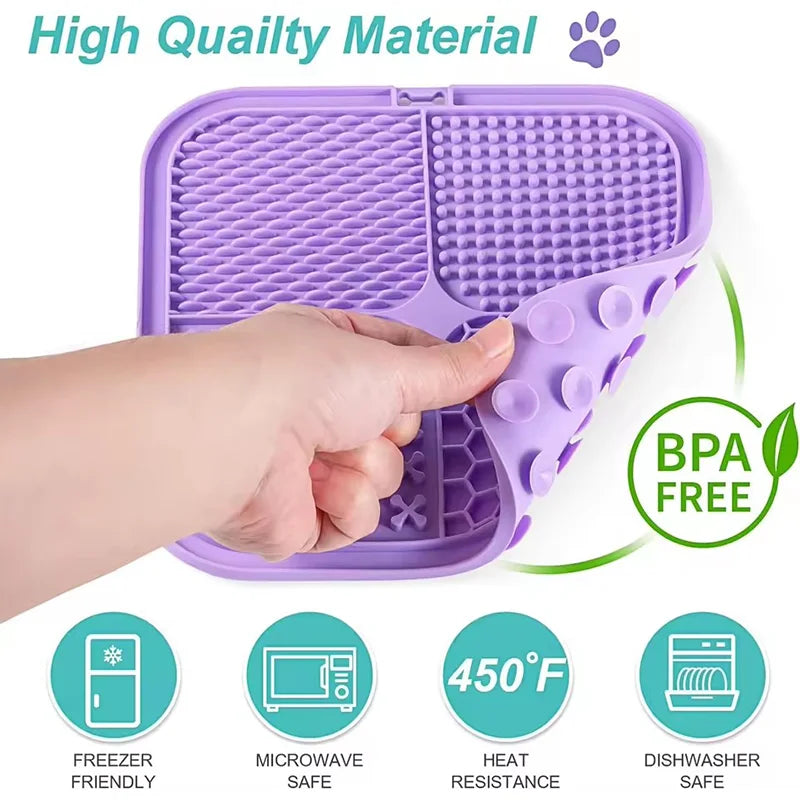 Purple pet grooming tool held by a hand with 'High Quality Material' text and BPA-free label.