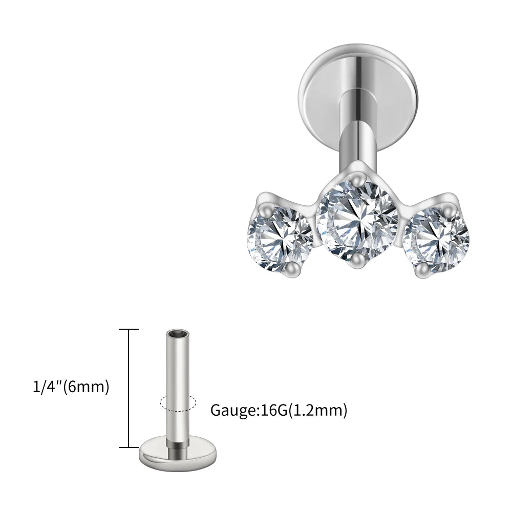 LuxeCartilage™ Triple-Stone Flat Back Stud | 16G Titanium