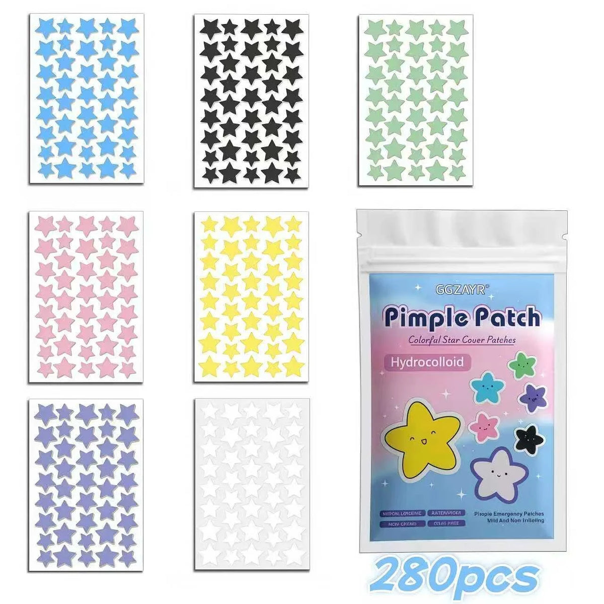 Colorful star-shaped patches with a package labeled 'Pimple Patch' on a white background.