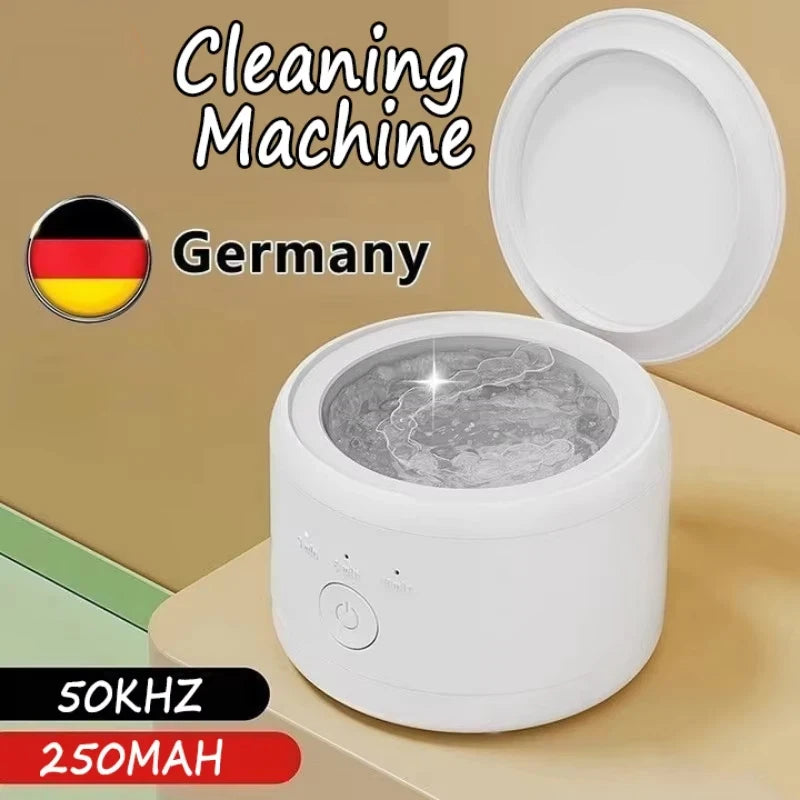 A white ultrasonic cleaning machine with its lid open, shown on a beige background with promotional text reading 'Cleaning Machine' and '50KHZ 250MAH'.