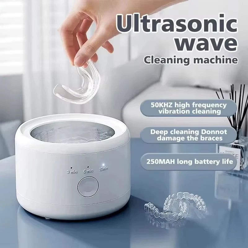 A white ultrasonic braces cleaning machine on a tabletop, with a hand placing a clear transparent dental brace into the basin. Text overlays describe ultrasonic wave cleaning, 50KHz high frequency vibration, deep cleaning, and 250MAH battery life.