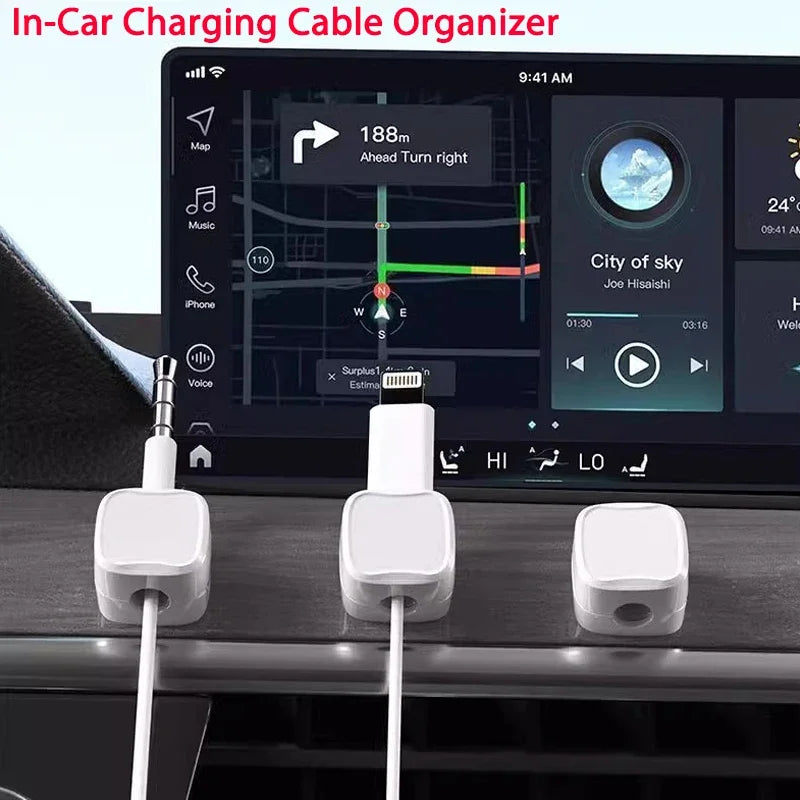 In-car charging cable organizer with three cables attached to a car dashboard display.