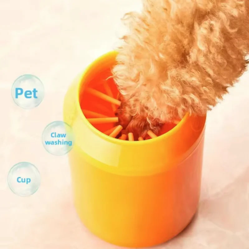 Pet claw washing cup with a small dog inside, on a light pink background