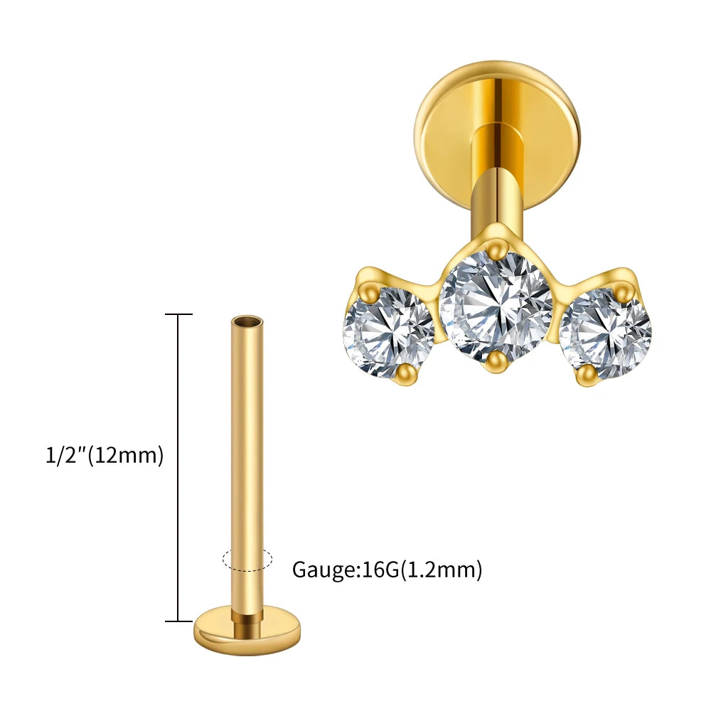 LuxeCartilage™ Triple-Stone Flat Back Stud | 16G Titanium