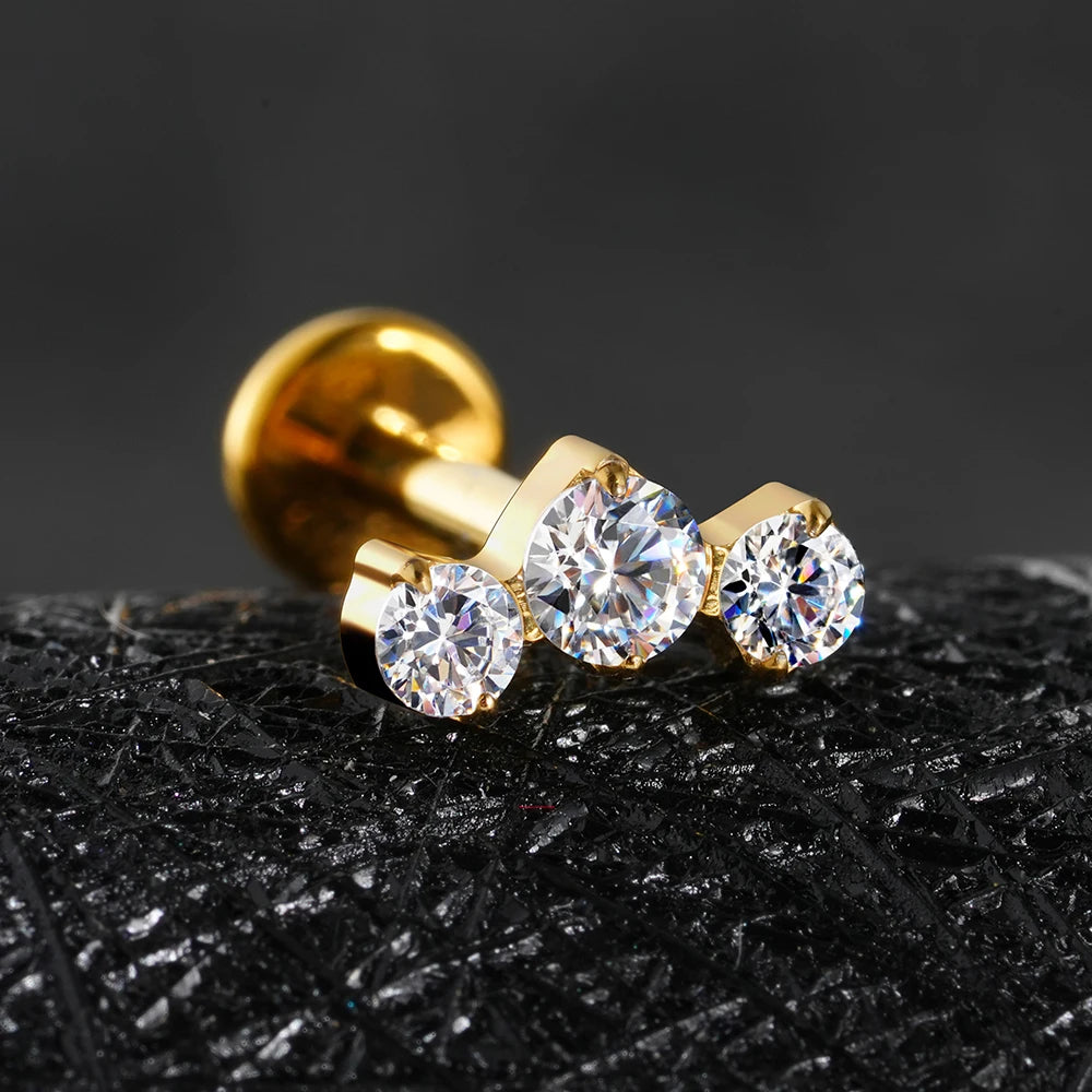LuxeCartilage™ Triple-Stone Flat Back Stud | 16G Titanium
