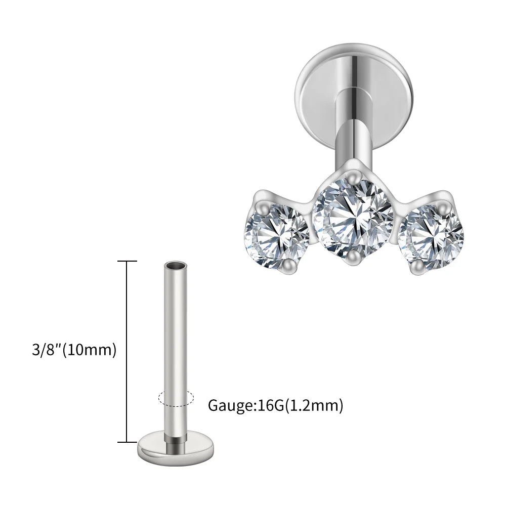 LuxeCartilage™ Triple-Stone Flat Back Stud | 16G Titanium