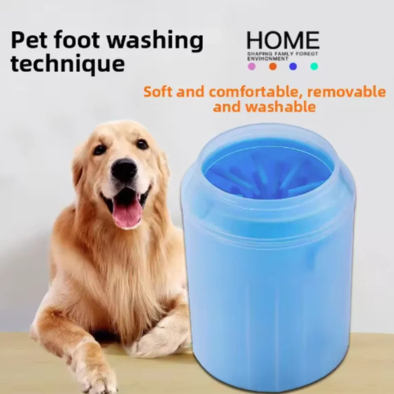 Dog next to a blue pet foot washing device with text about the product features.
