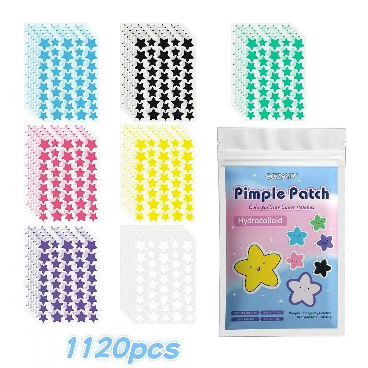 Colorful star-shaped pimple patches with packaging labeled '1120pcs'.
