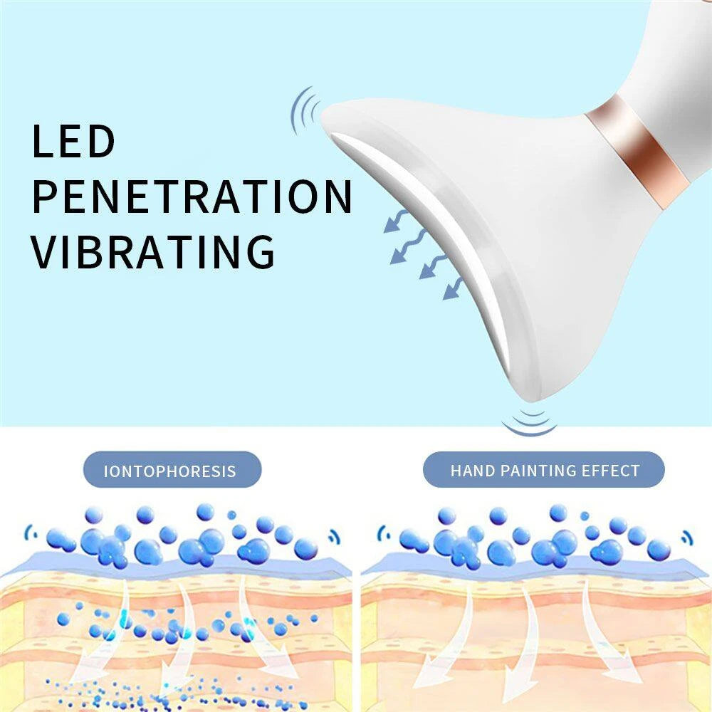 Product with LED penetration and vibrating features, showing iontophoresis and hand painting effect on a blue background.