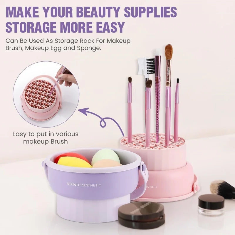 Makeup brush storage rack with various brushes and cosmetic items on a white background