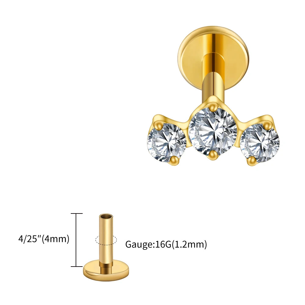 LuxeCartilage™ Triple-Stone Flat Back Stud | 16G Titanium