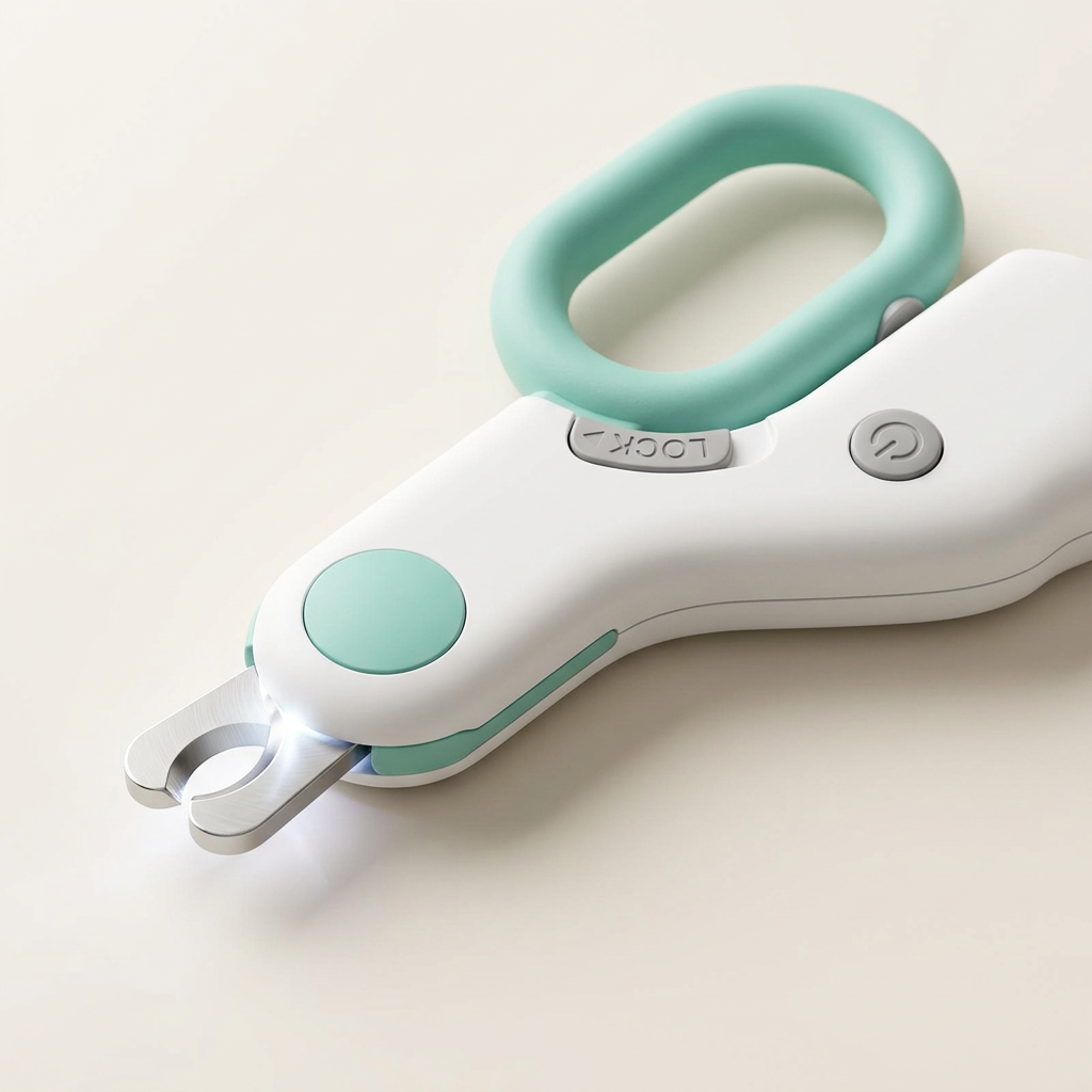 ClawBeam mint and white pet nail clipper showing curved blades, LED light and locking handle
