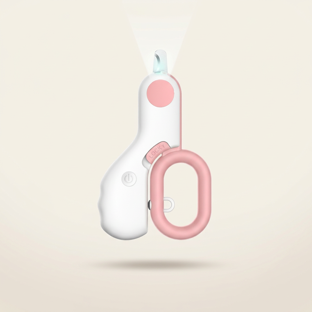 ClawBeam pink and white LED pet nail clipper with curved stainless steel blades and a locking loop handle
