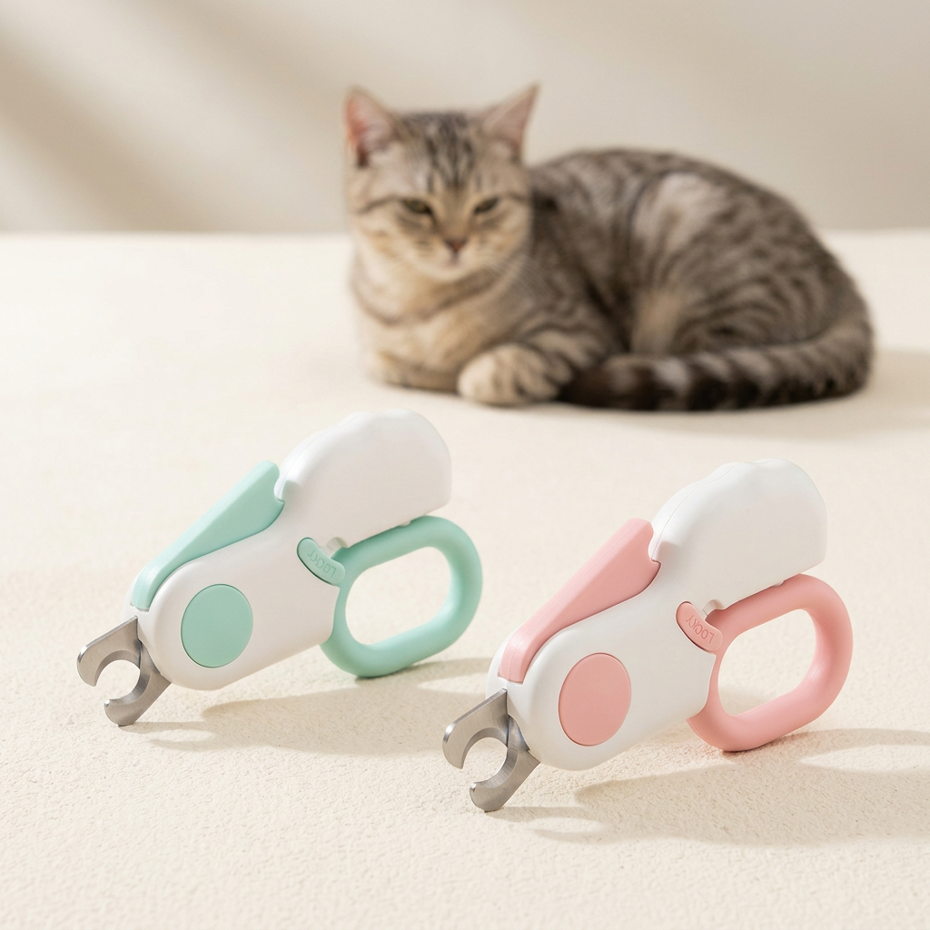 ClawBeam pink and mint LED pet nail clippers displayed beside a cat
